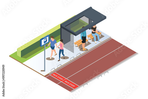 Isometric vector  bus stop with interactive ticket vending machines and a detailed route map. People waiting for the bus,  Illustration in White Isolated Background