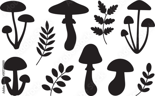 Black and white mushroom and leaf silhouettes