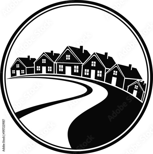 Black and White Neighborhood Logo Vector Illustration of Suburban Houses on a Curvy Road Path Inside a Circular Frame Badge