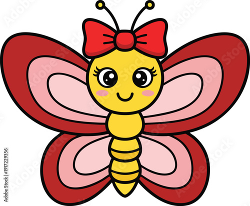Cute cartoon butterfly with red wings and a red bow on its head, isolated on a transparent background