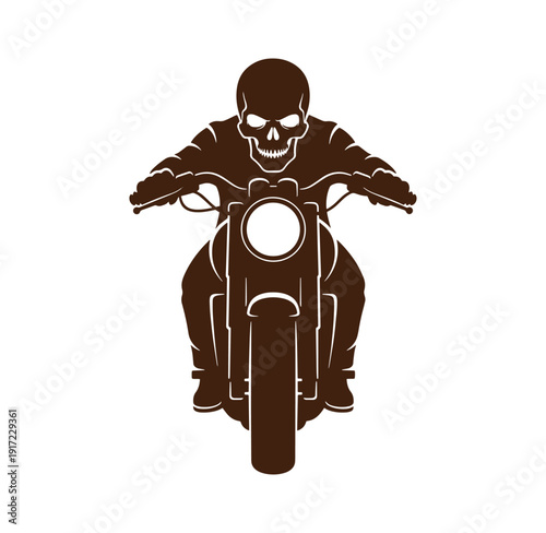 Brown silhouette of a skull man riding motorcycle fast on road