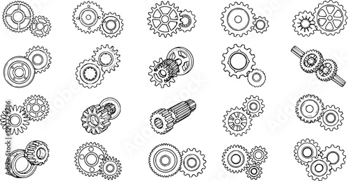 Detailed set of mechanical gears and cogwheels line art illustrations. Engineering components and industrial machinery elements in black and white sketch style.