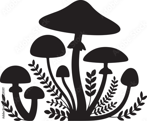 Black and white mushroom cluster with foliage