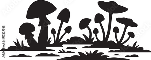 Black and white mushroom forest with water reflection
