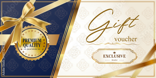 Elegant Gift Voucher Template with Golden Ribbon and Navy Blue Ornament