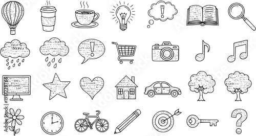 Detailed Hand-Drawn Doodle Icon Set with Everyday Objects and Concepts. Includes Balloon, Coffee, Idea, Book, Camera, Car, House, Tree, Clock, Bicycle, Key, and Communication Symbols.