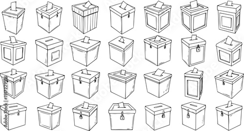 Diverse Collection of Hand-Drawn Voting Ballot Boxes in Various Styles