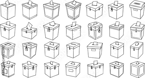 Hand-Drawn Ballot Boxes Collection. A set of 35 diverse sketch illustrations representing voting, elections, democracy, and public participation concepts in black and white line art.