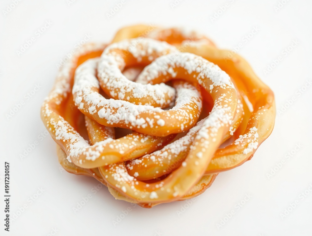 Fototapeta premium Golden fried funnel cake dusted with powdered sugar in a rose shape