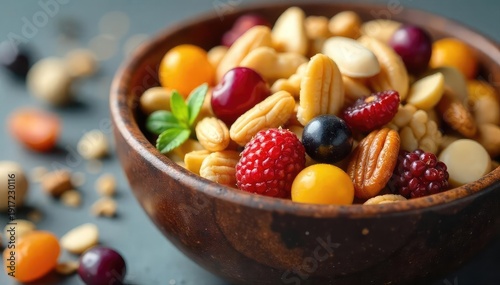 Close-up of a bowl overflowing with various nuts, seeds, and dried fruits, representing a healthy and calorie-dense snack , fiber, muscle building, snack