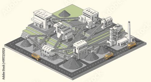Isometric industrial complex with interconnected plants, conveyor belts, and material handling systems, illustrating an efficient bulk processing and production logistics network