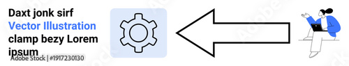 Gear icon, bold arrow pointing towards seated individual with laptop. Ideal for workflow, data transfer, process optimization, business strategy, teamwork, digital operations, simple landing page
