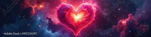 Close-up of a vibrant, swirling heart-shaped nebula, radiating intense color and energy, symbolic of powerful emotions ,  passion,  cosmos,  inspiring