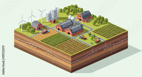 Isometric Modern Farm Illustration Sustainable agriculture integrating renewable energy sources like solar panels, wind turbines, and efficient crop cultivation