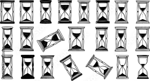 Vintage Hand-Drawn Hourglass Collection: Black  White Sketch Set of Sand Clocks in Various Styles  Orientations, Symbolizing Time Passing, Measurement, and History.