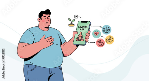 Man holding a smartphone with a wellness app displaying meditation and self-care icons