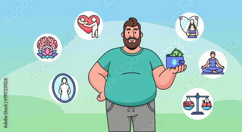 A Man Holding a Wallet Surrounded by Icons of Personal Growth and Well-being