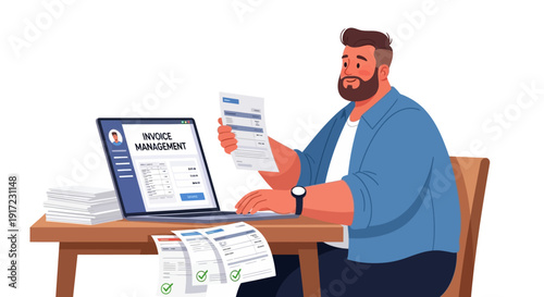 Man Managing Invoices Online Using Laptop at Desk with Paperwork