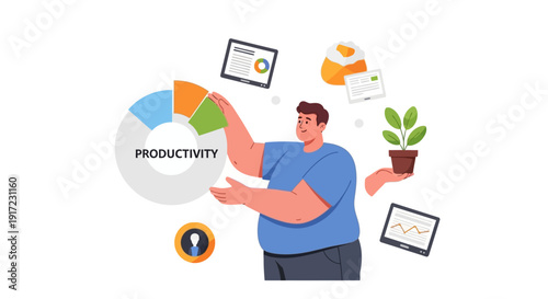 Illustration of a person managing productivity with a pie chart and various icons on a white background
