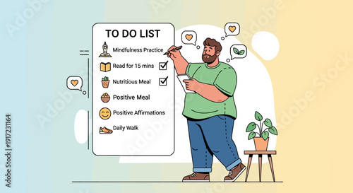 Man Checking Off His To-Do List with Mindfulness, Nutrition, and Daily Walks for Self-Care