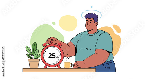 Man setting alarm clock to 25 minutes, taking a break with coffee during work