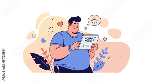 Man using digital tablet app to track fitness goals, healthy lifestyle and weight loss