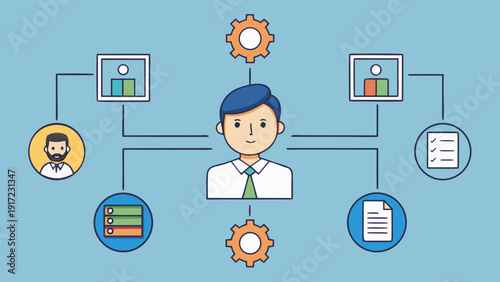 Professional flat icons illustrating company administration processes—documents, approvals, HR, payroll, and reporting. Ideal for corporate software and enterprise platforms.