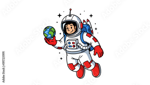 Cartoon astronaut floating holding a small Earth in a redgloved hand