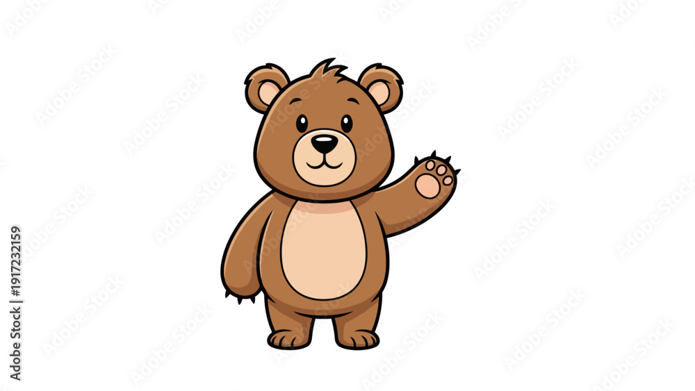 Fototapeta premium Cartoon brown bear waving with one raised paw on white background