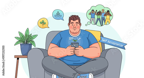 Man sitting on chair holding phone with plant and mindfulness icons, self-acceptance illustration
