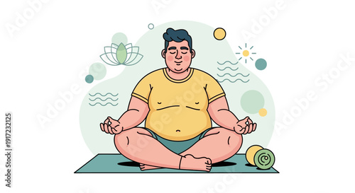 Overweight man meditating in lotus pose on yoga mat, serene mind concept