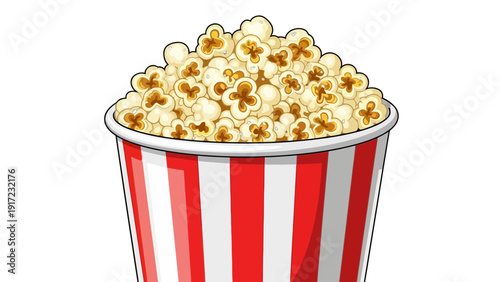 Cartoon bucket of striped popcorn overflowing with popped kernels