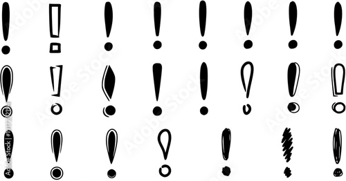 Set of diverse exclamation mark vector icons. Collection of hand-drawn and stylized black exclamation point symbols for attention, warning, surprise, and importance.