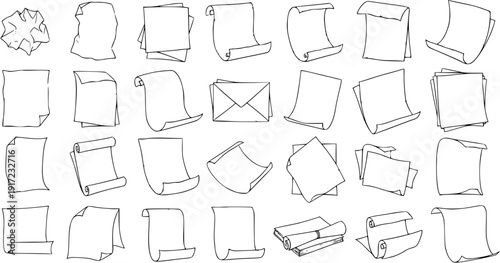 Paper Collection: Hand-Drawn Sheets, Scrolls, and Letters Outline Vector Illustrations