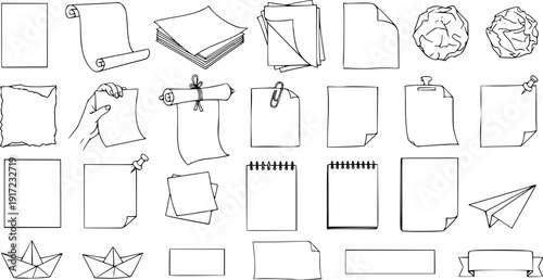 Hand-drawn collection of blank paper elements and office stationery icons. Includes sheets, scrolls, notes, crumpled paper, notepads, airplanes, and banners in outline art style.