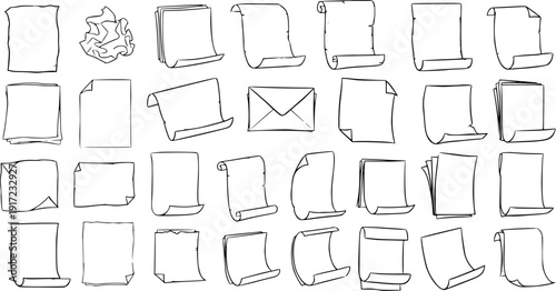Hand-drawn doodle sketch set of various paper sheets, scrolls, crumpled paper, and an envelope. Collection of blank documents and notepads in sketchy line art style.