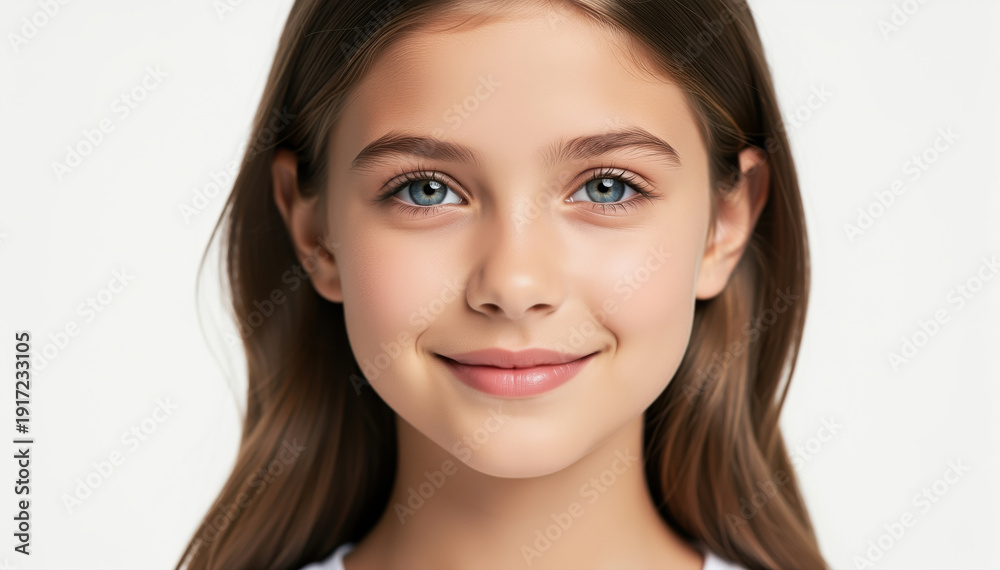 Naklejka premium Portrait of Youthful Radiance: A close-up shot of a young girl with captivating blue eyes, radiating warmth, innocence, and natural beauty.