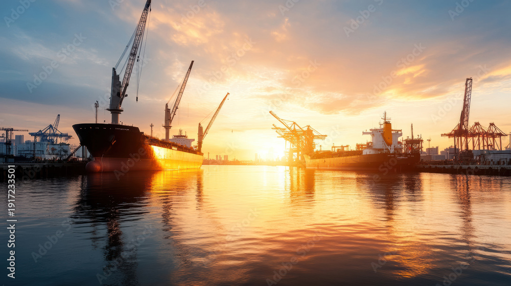 Fototapeta premium Sunrise port ships docked cranes reflection water sky clouds harbor industrial busy
