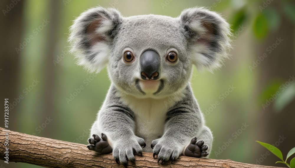 Fototapeta premium Koala on Branch: This captivating image features a koala perched on a branch, its cute face and cuddly appearance inviting viewers to admire this iconic marsupial