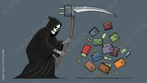 Grim Reaper uses a power plug scythe to knock wallets cash and coins from the air