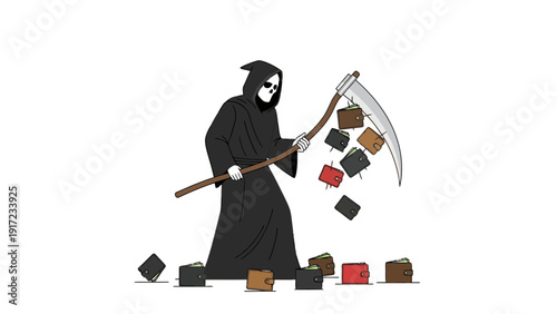 Grim Reaper uses a scythe to swing multiple colorful wallets filled with cash