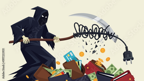Grim Reaper wielding a scythe with a tangled electrical cord striking wallets