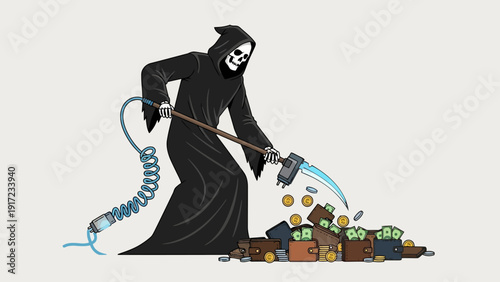 Grim Reaper using an electric scythe to sweep piles of money