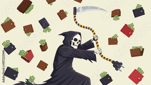 Grim Reaper wielding a scythe with an electrical plug replacing the blade surrounded by wallets