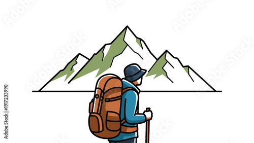 Hiker with large backpack and trekking pole faces a mountain range illustration