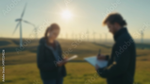 Wallpaper Mural Blurred background of Renewable energy student sketching wind turbine mechanics in notebook while standing on grassy hill overlooking real wind farm spinning in distance, sunset horizon glowing. Torontodigital.ca