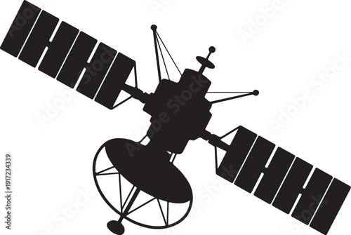 Black and white satellite with solar panels and antenna