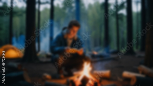 Wallpaper Mural Blurred background of College student journaling long-term sustainability goals beside a small controlled campfire, forest campsite surrounded by tall dark trees, blue hour sky transitioning from. Torontodigital.ca