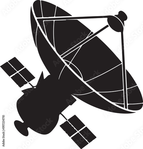 Black and white satellite with solar panels and large dish antenna