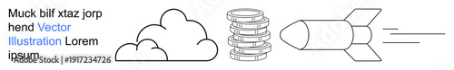 Innovation, technology, financial growth, startup development, success, progress. A rocket with coins and clouds shows motion and optimism. Innovation and financial growth concept